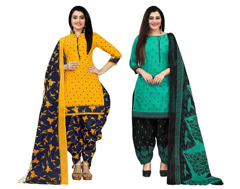 Yellow and green cotton printed unstitched salwar suit material (combo of 2)