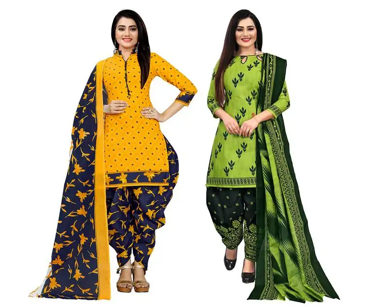 Yellow and parrot green cotton printed unstitched salwar suit material (combo of 2)