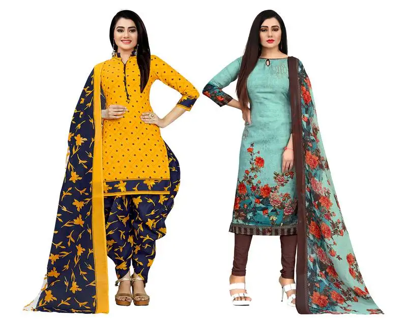 Yellow & pista green cotton printed unstitched salwar suit material (combo of 2)