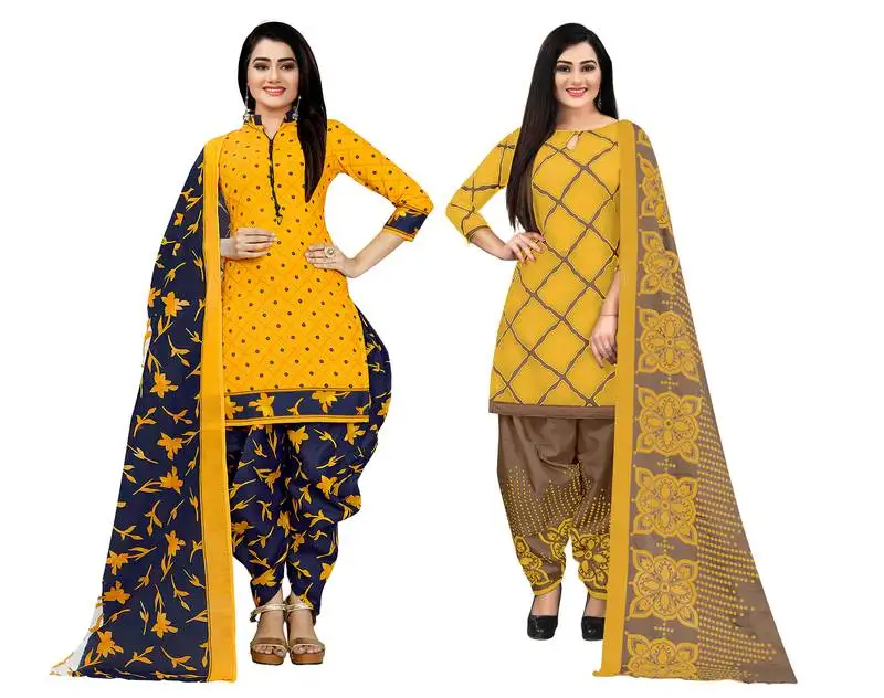 Yellow and yellow cotton printed unstitched salwar suit material (combo of 2)
