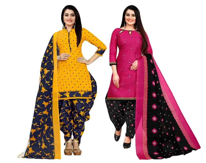 Yellow & magenta cotton printed unstitched salwar suit material (combo of 2)