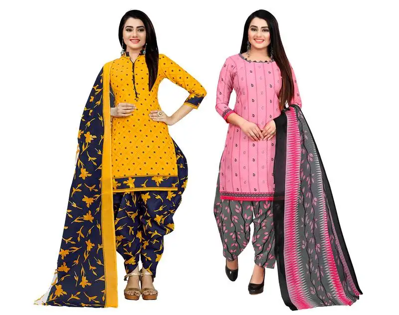 Yellow and baby pink cotton printed unstitched salwar suit material (combo of 2)