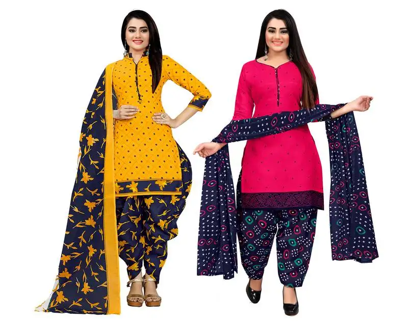 Yellow and dark pink cotton printed unstitched salwar suit material (combo of 2)