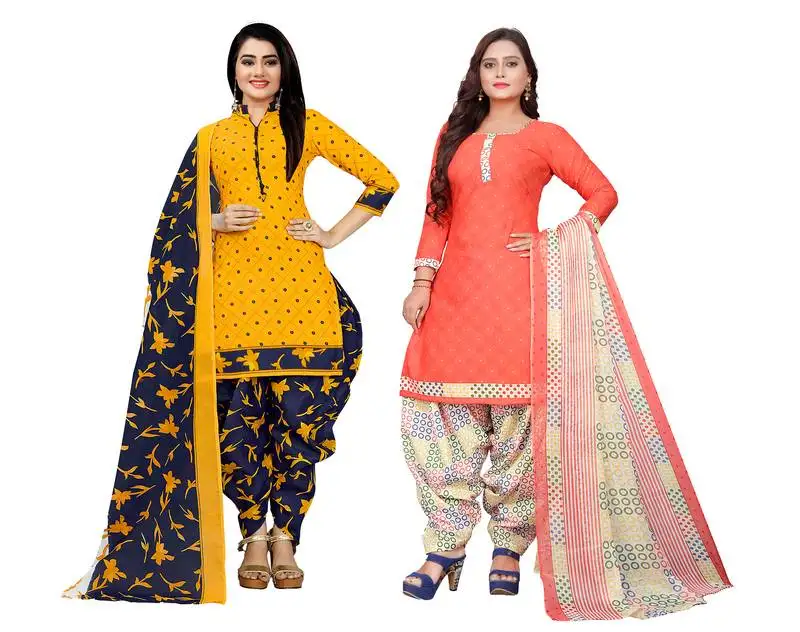 Yellow & peach cotton printed unstitched salwar suit material (combo of 2)