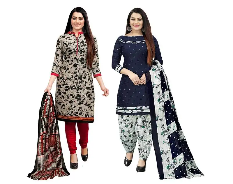 Beige & navy blue cotton printed unstitched salwar suit material (combo of 2)