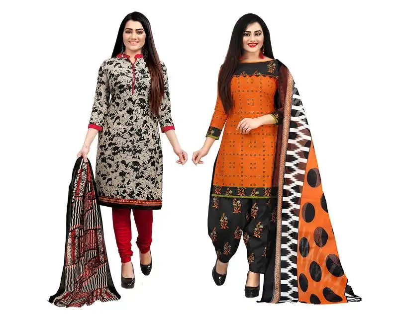 Beige & orange cotton printed unstitched salwar suit material (combo of 2)