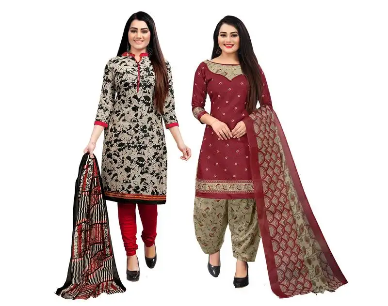 Beige & red cotton printed unstitched salwar suit material (combo of 2)