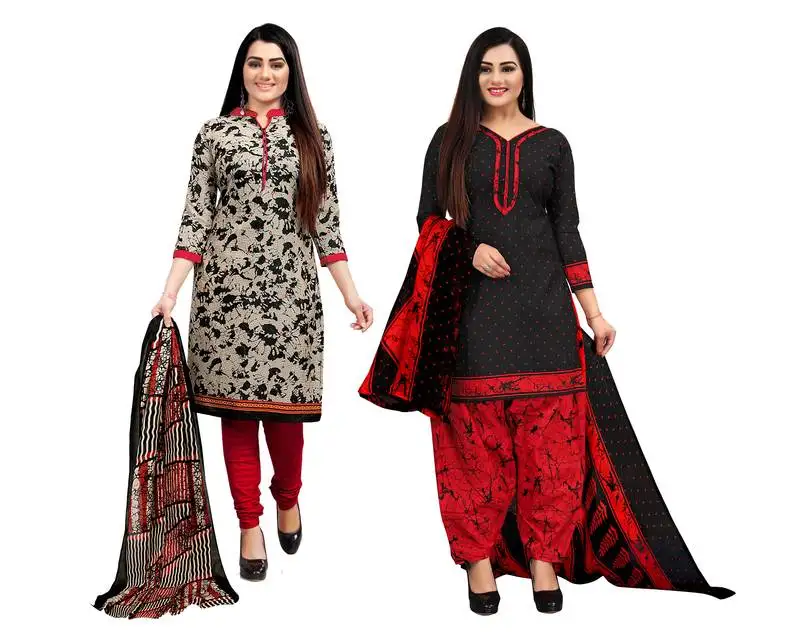 Beige & black cotton printed unstitched salwar suit material (combo of 2)