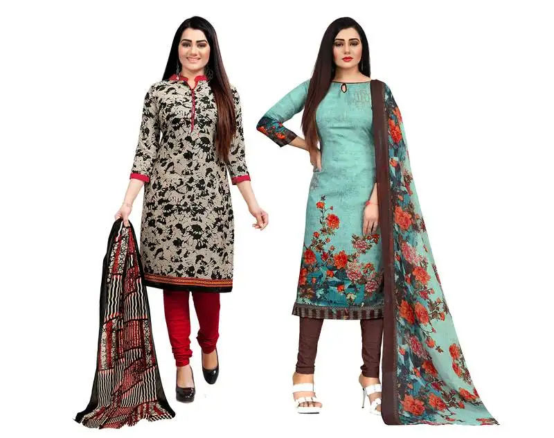 Beige and pista green cotton printed unstitched salwar suit material (combo of 2)