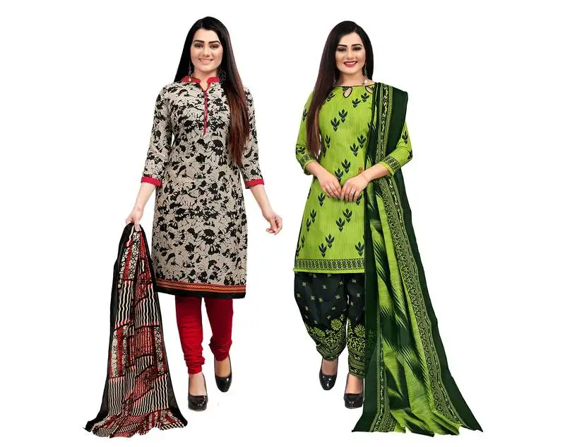 Beige & parrot green cotton printed unstitched salwar suit material (combo of 2)