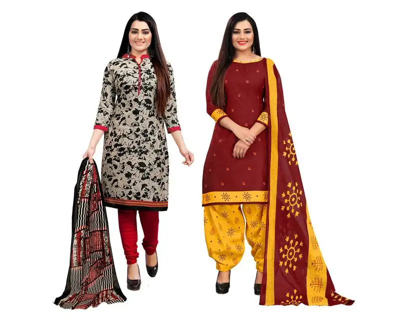 Beige & maroon cotton printed unstitched salwar suit material (combo of 2)