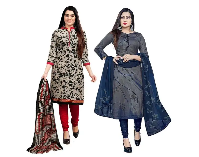 Beige and grey cotton printed unstitched salwar suit material (combo of 2)