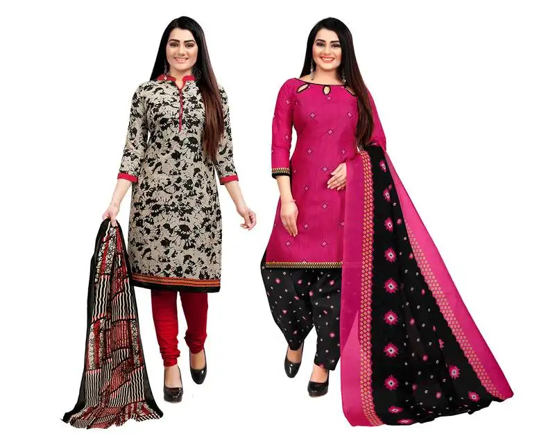 Beige and magenta cotton printed unstitched salwar suit material (combo of 2)