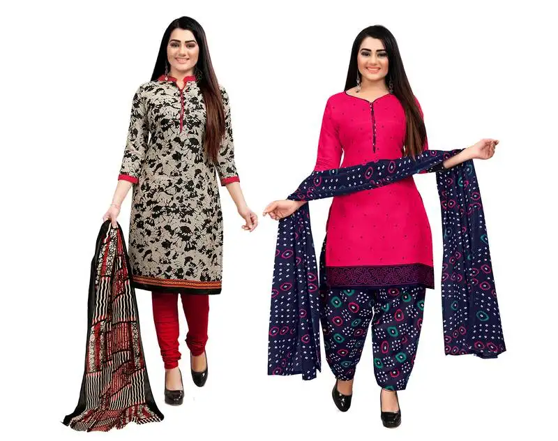 Beige & dark pink cotton printed unstitched salwar suit material (combo of 2)