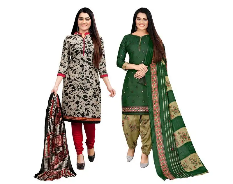 Beige and green cotton printed unstitched salwar suit material (combo of 2)