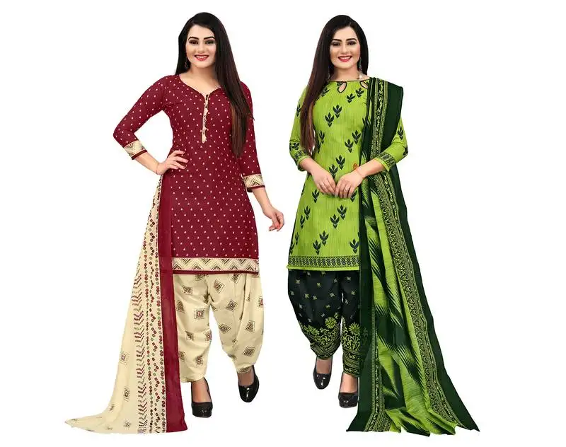 Beige & pista green cotton printed unstitched salwar suit material (combo of 2)