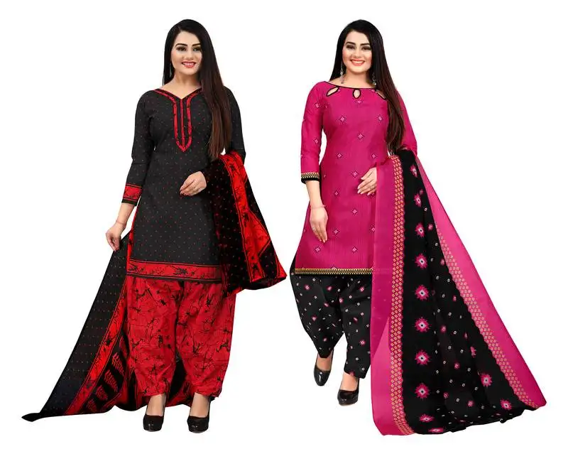Black and magenta cotton printed unstitched salwar suit material (combo of 2)