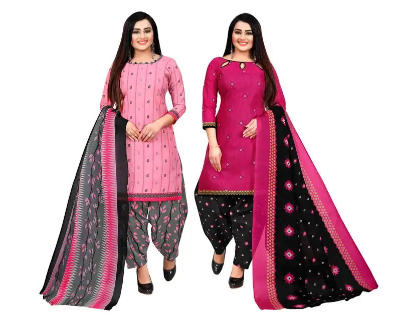 Baby pink and magenta cotton printed unstitched salwar suit material (combo of 2)