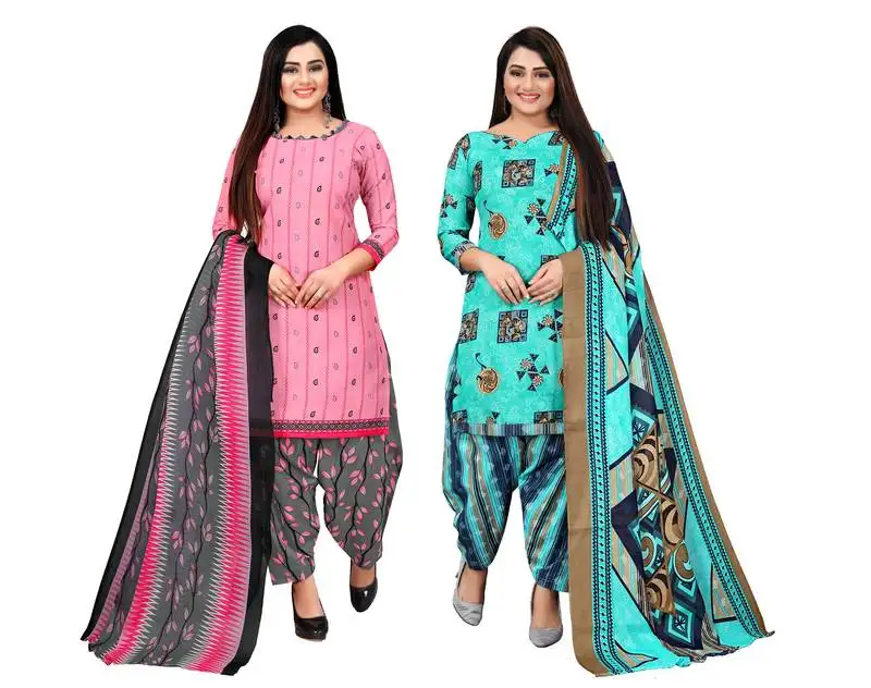Baby pink and turquoise blue cotton printed unstitched salwar suit material (combo of 2)