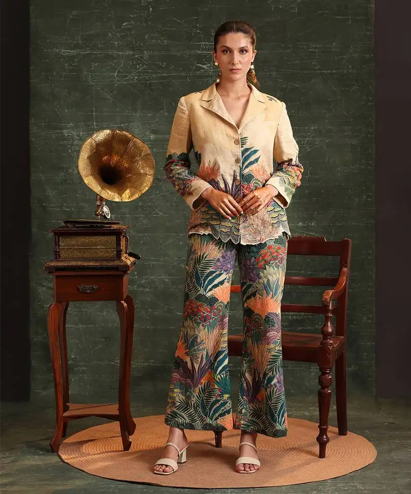 Beige  cotton kaira embroidered blazer set