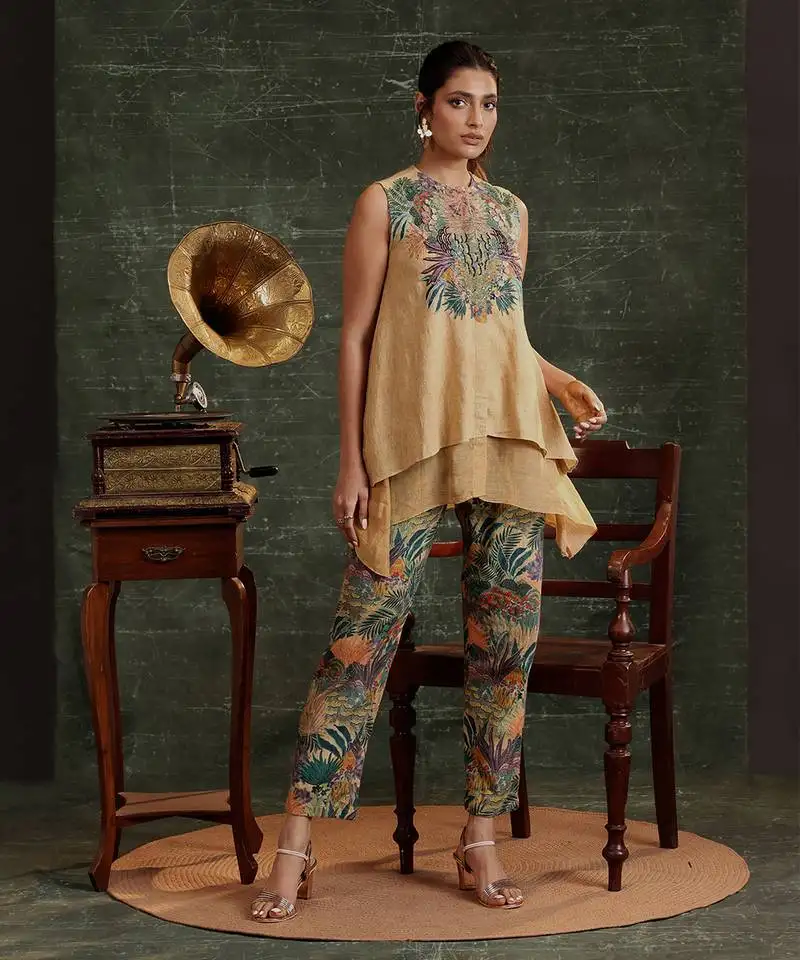 Beige  cotton kaira embellished co-ord set