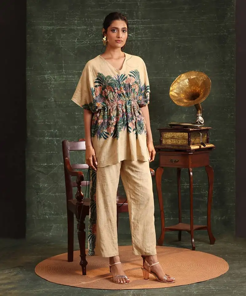 Beige  cotton kaira embellished kaftan set