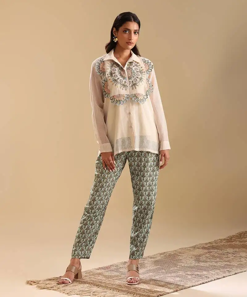 Beige top handloom net and bottom linen earaya applique co-ord set