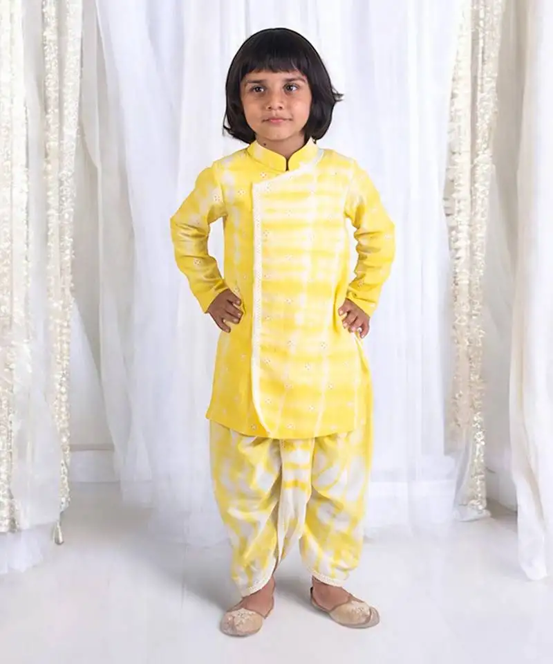 Yellow tie and dye kurta with dhoti