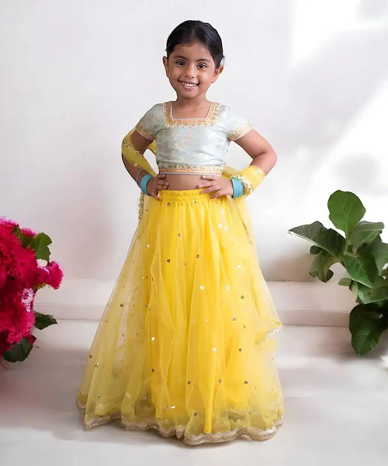 Blue brocade choli with lehenga