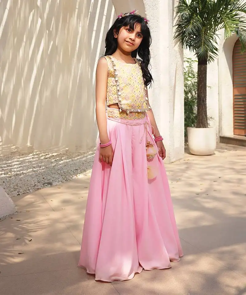 Yellow cotton embroidered top with palazzo for kids