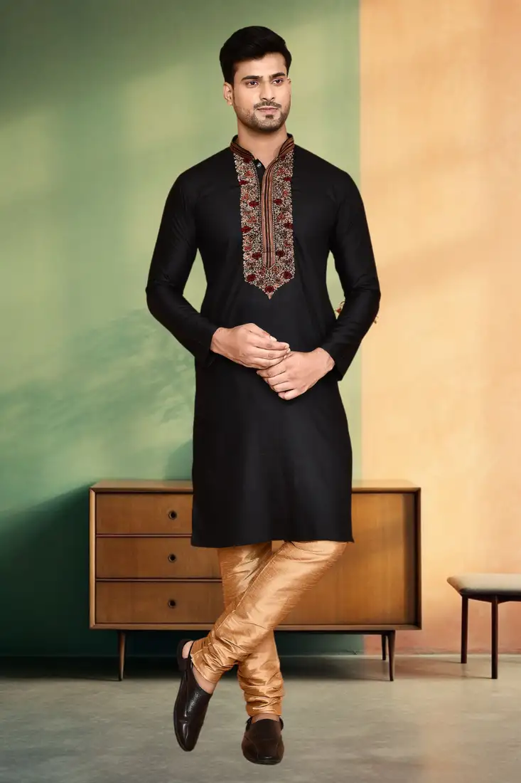 Gold plain raw silk kurta pajama