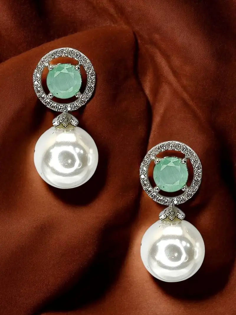 Aquamarine and pearl drop earrings with diamond halo