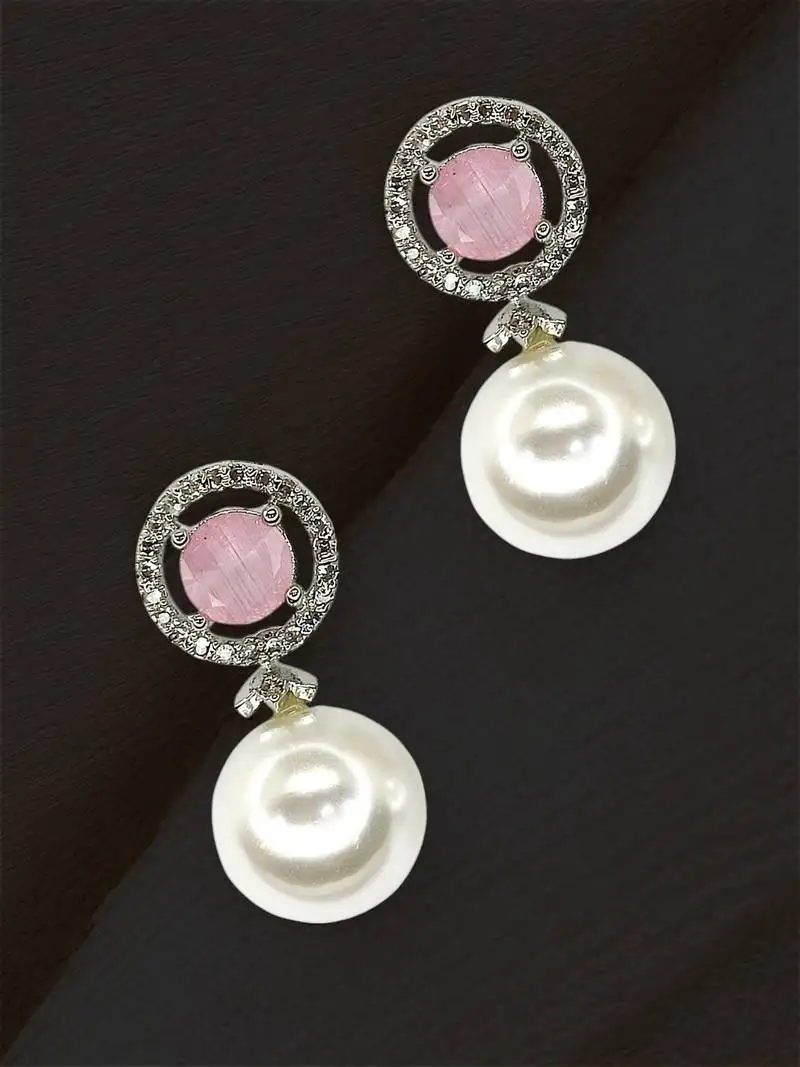 Baby pink quartz and pearl drop earrings with diamond halo