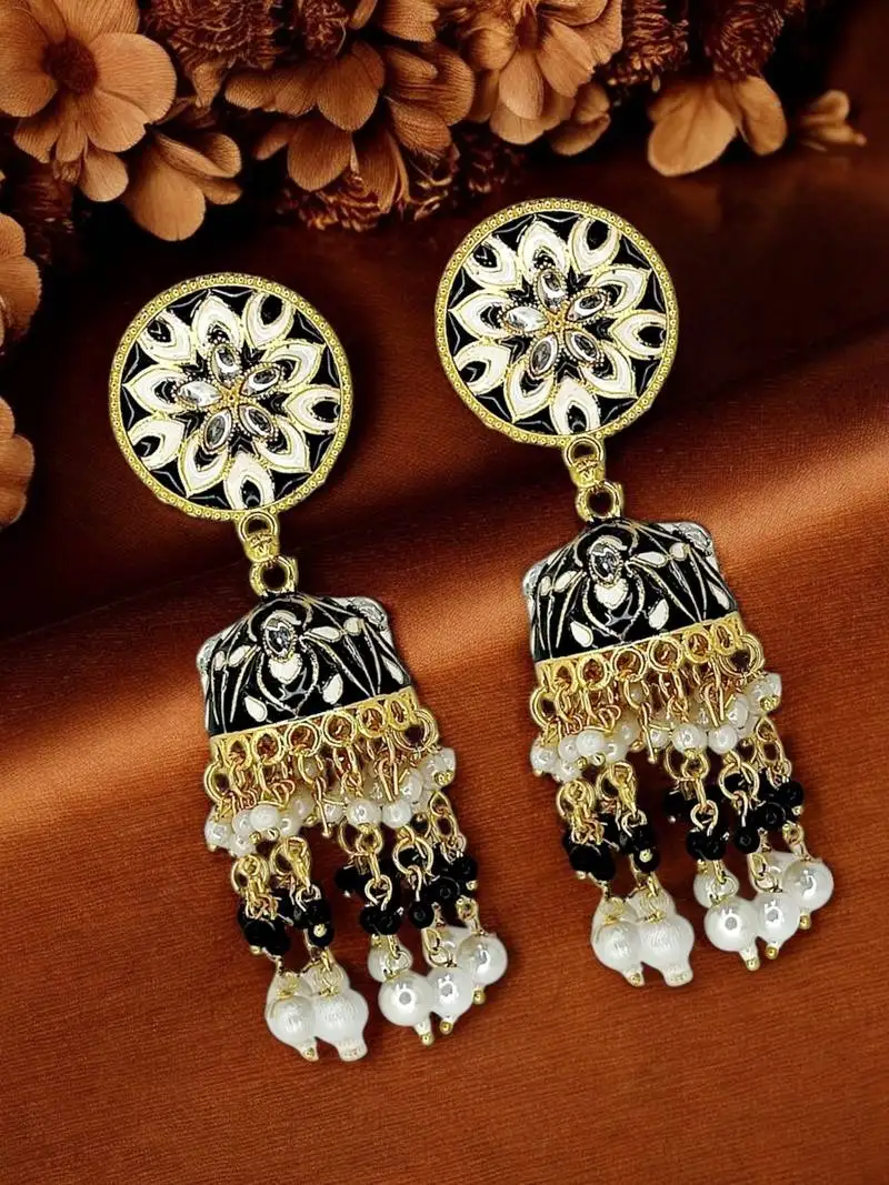 Gold plated floral beaded jhumka earrings