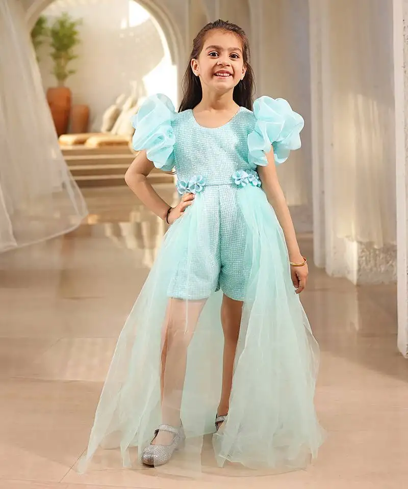 Blue sequence romper with trail