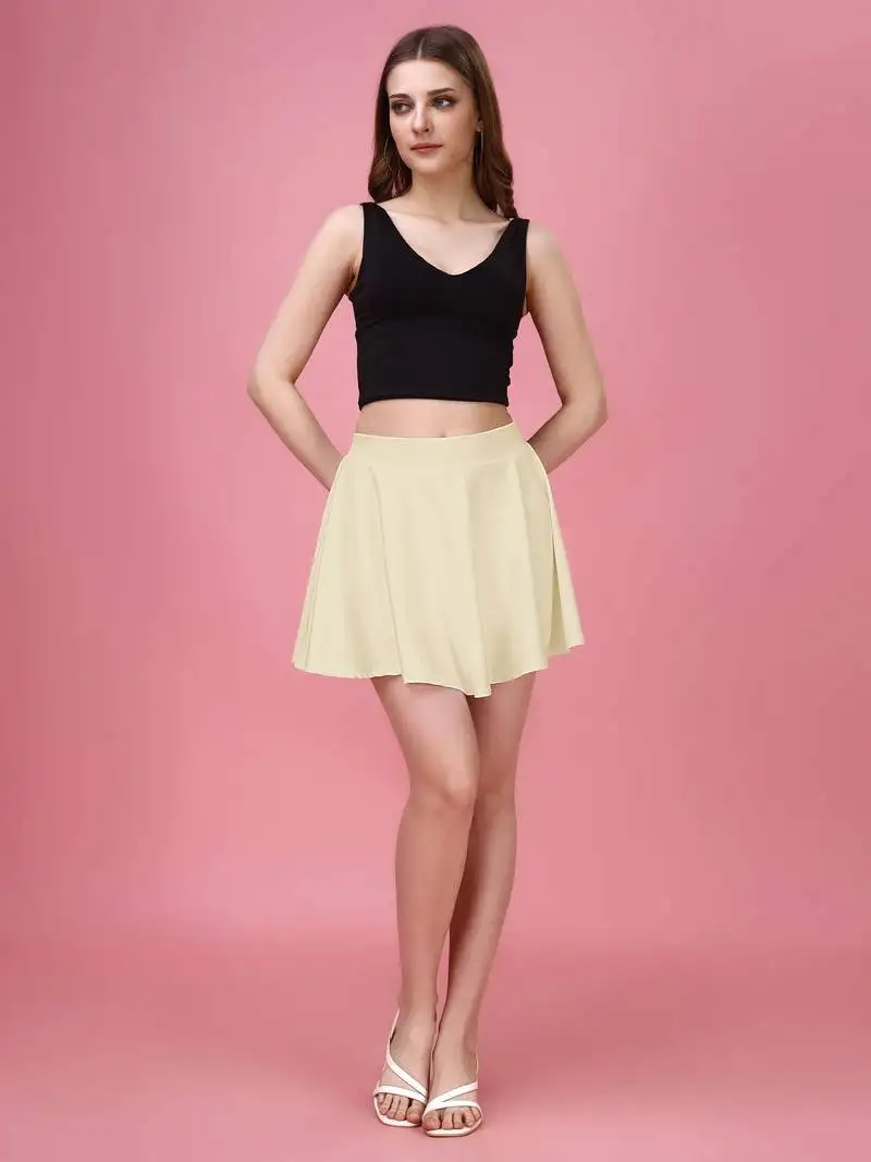 Beige plain solid nylon soft mini skirts for women