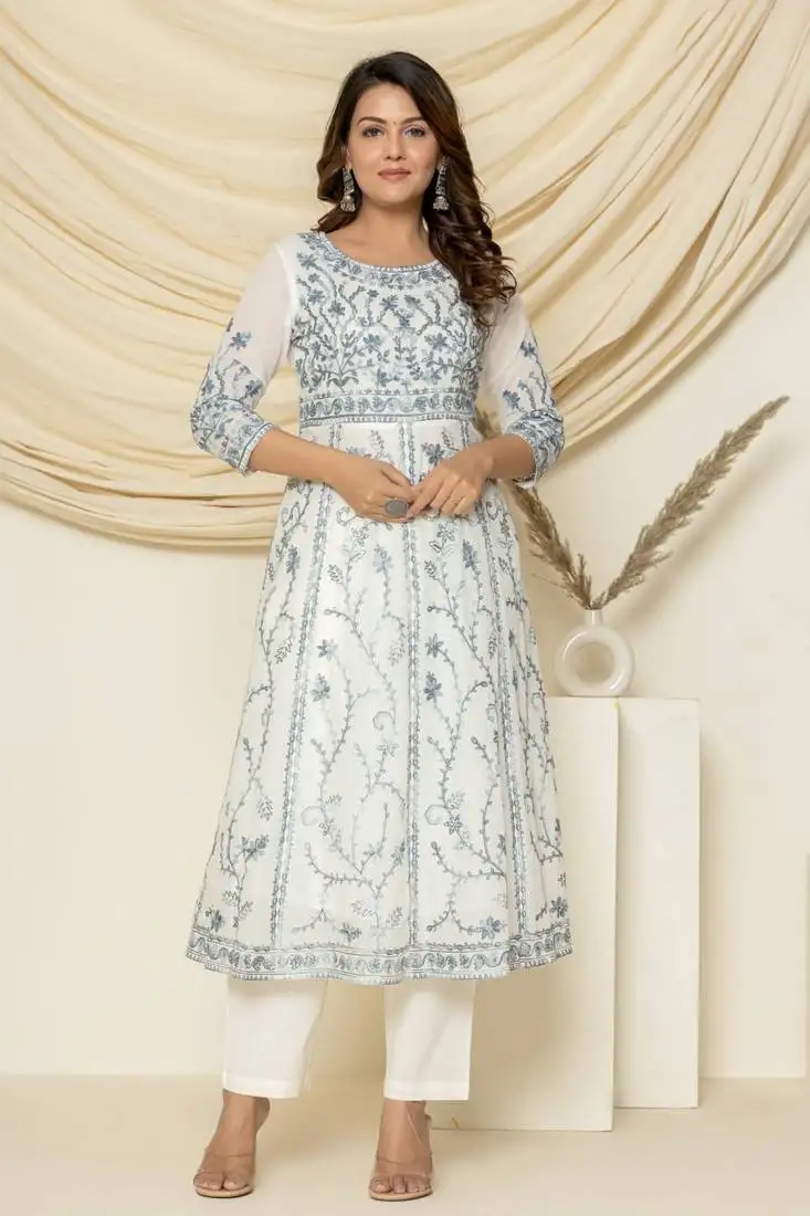 Grey embroidered cotton aari work anarkali suit