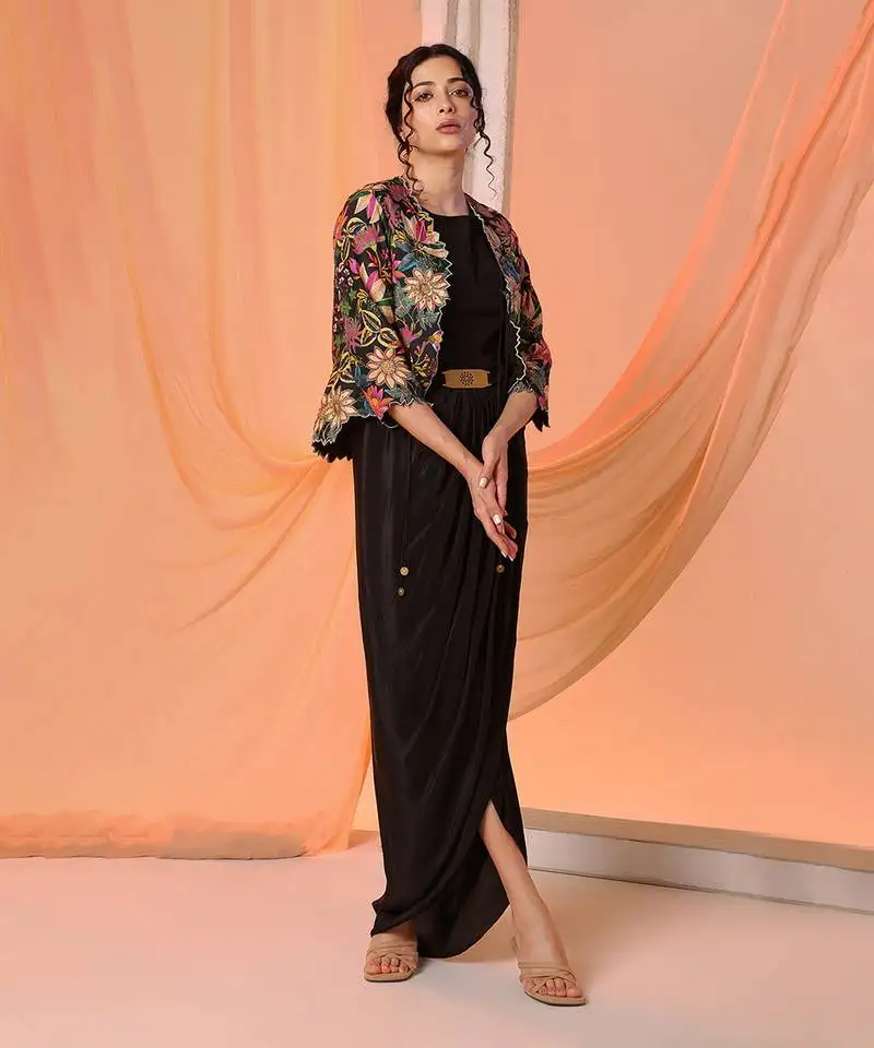 Black aarani embellished drape dress set