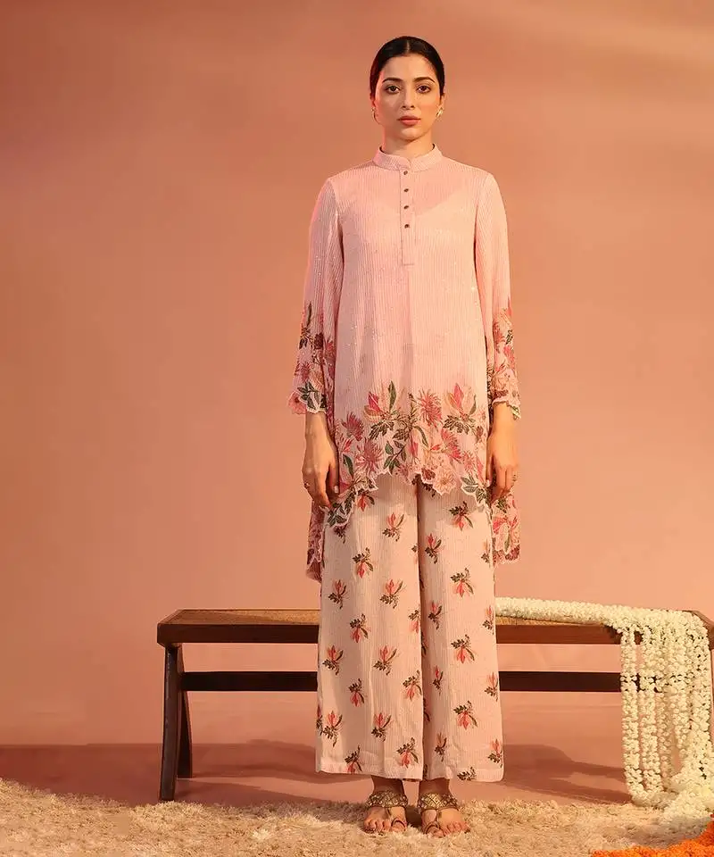 Baby pink aarani asymmetric sequin co-ord set