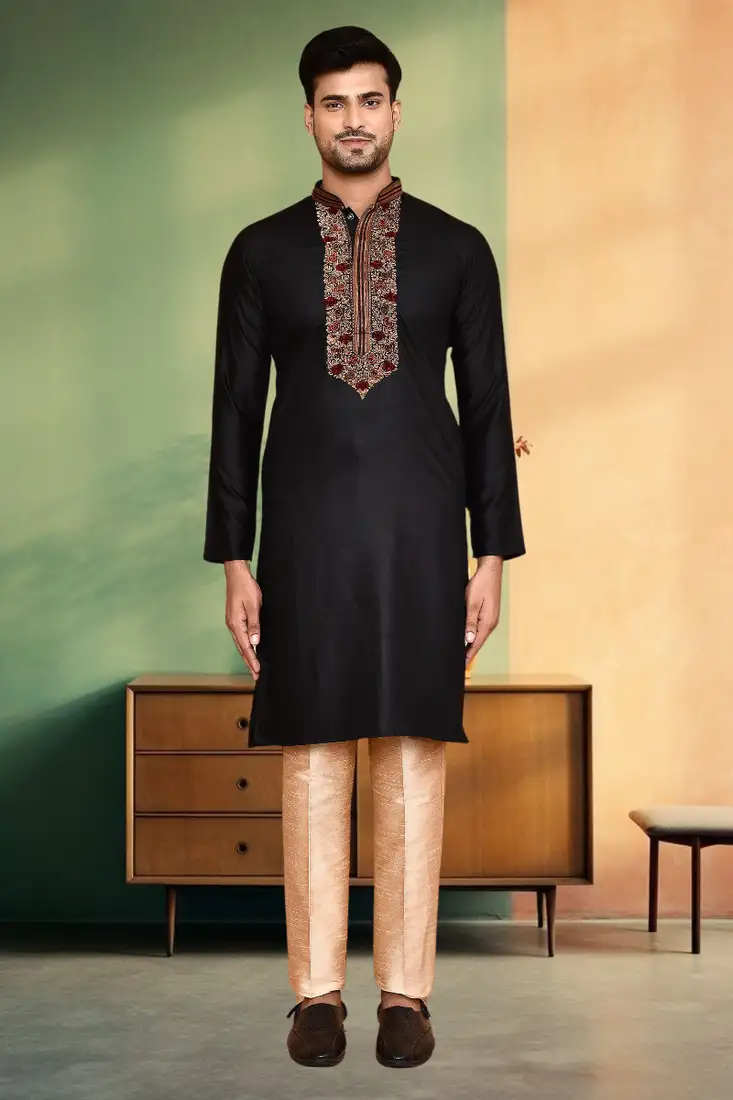 Red plain raw silk kurta pajama