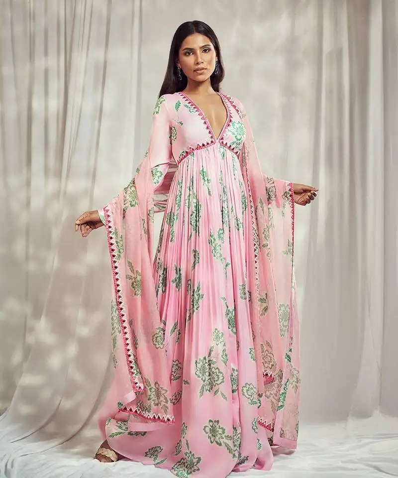 Baby pink print mirror-work anarkali with matching star organdie mirror-work dupatta.