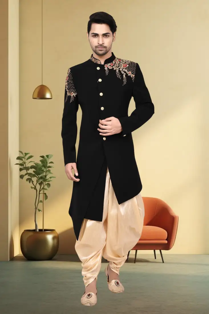 Blue plain raw silk kurta pajama