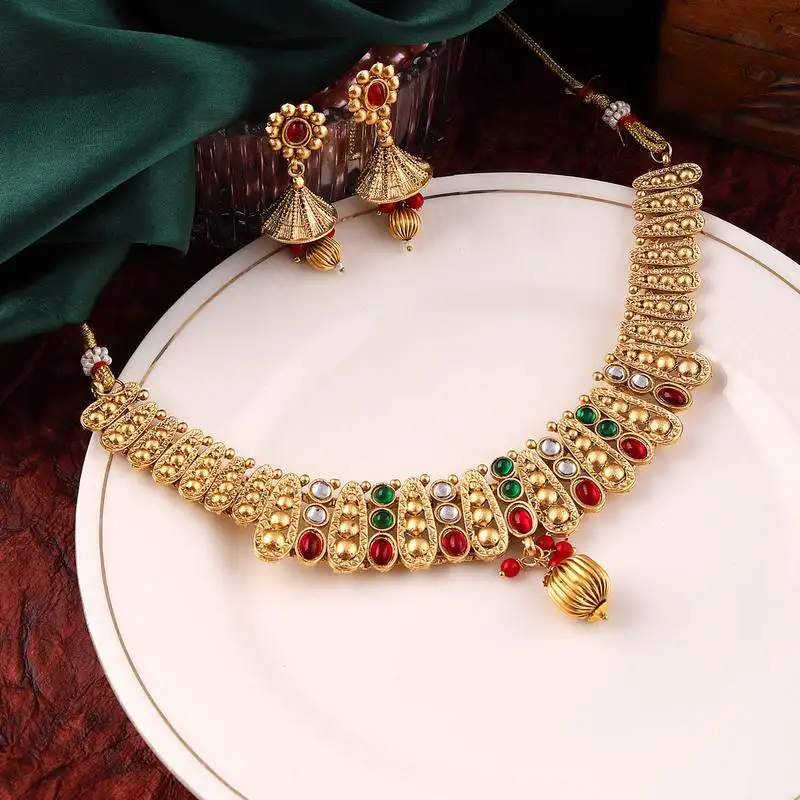 Mansiyaorange matte gold floral design kempu stones choker jewellery sets for women