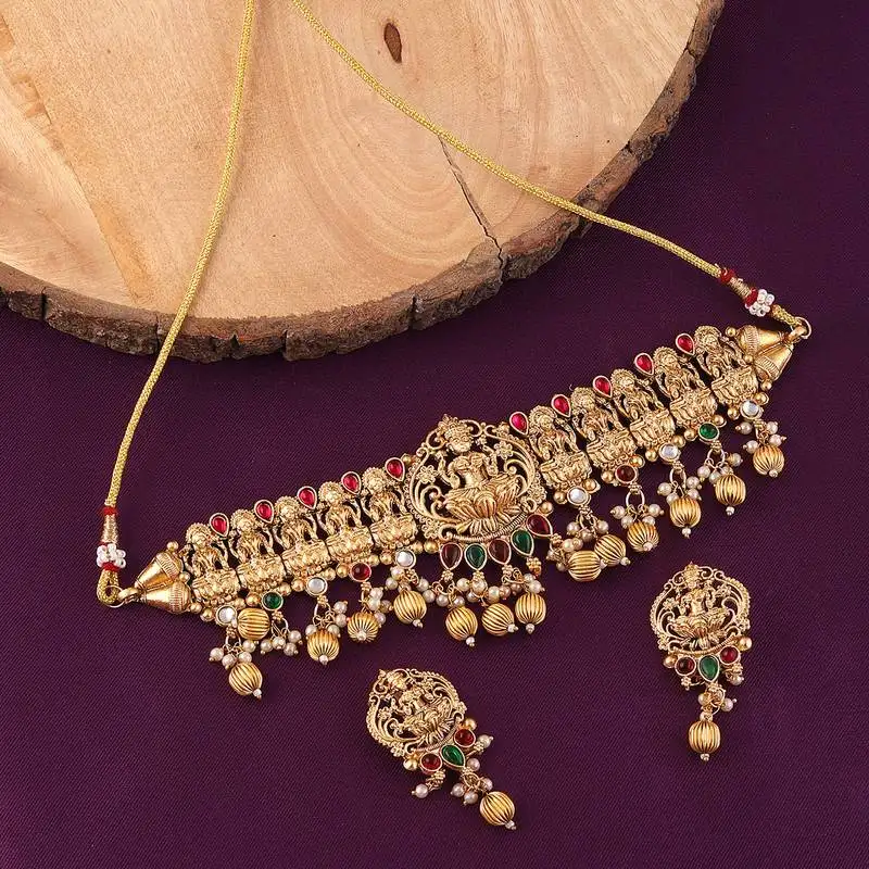 Mansiyaorange matte gold lakshmi motif kempu stone necklace heavy choker jewellery sets for women