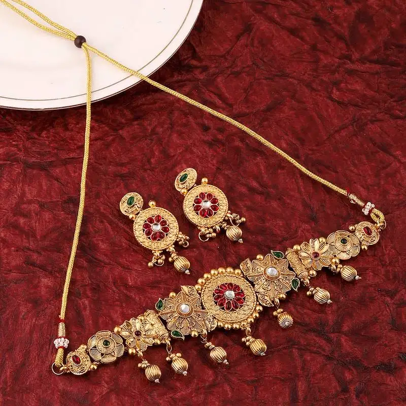 Mansiyaorange matte gold floral design kempu stones heavy choker jewellery sets for women