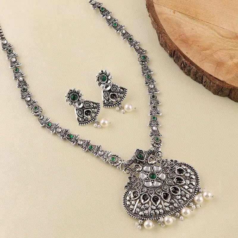 Mansiyaorange german silver floral design green ad kundan choker jewellery sets for women