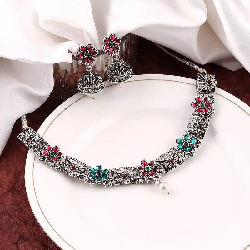 Mansiyaorange multi german silver floral kempu stone choker jewellery sets for women