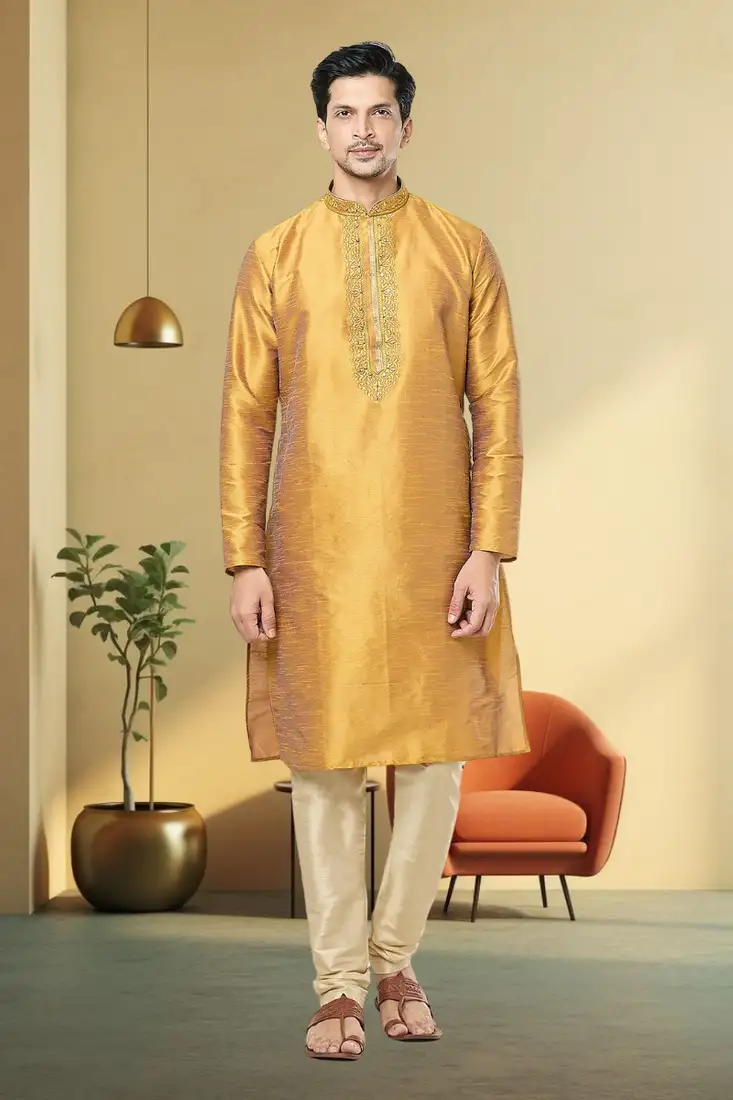 Yellow raw silk plain kurta for men