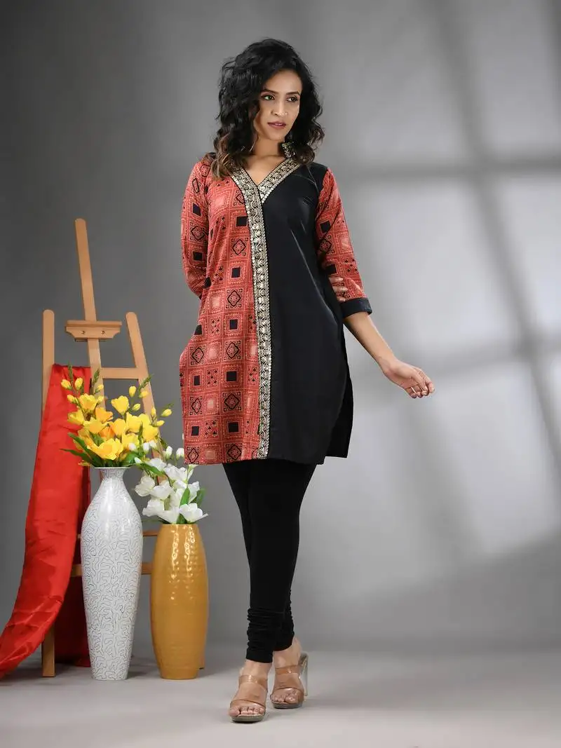 Black ajrak printed cotton stright kurta with gota patti lace