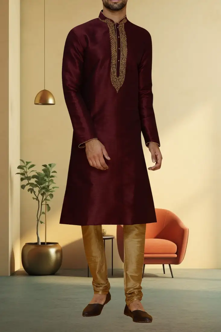 Orange plain cotton men kurtas